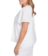 Ruby Rd. Plus Size Embroidered Jersey Knit Scoop Neck Short Sleeve Top