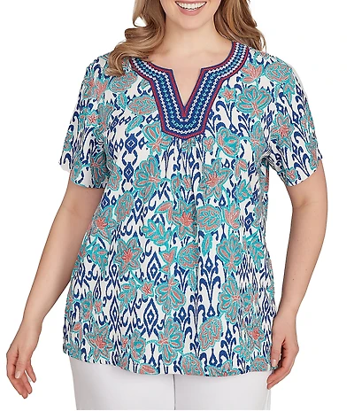 Ruby Rd. Plus Size Embroidered Knit Printed Split V-Neck Short Sleeve Top