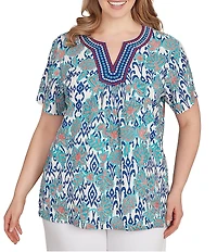 Ruby Rd. Plus Size Embroidered Knit Printed Split V-Neck Short Sleeve Top