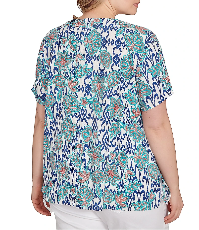 Ruby Rd. Plus Size Embroidered Knit Printed Split V-Neck Short Sleeve Top