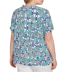 Ruby Rd. Plus Size Embroidered Knit Printed Split V-Neck Short Sleeve Top