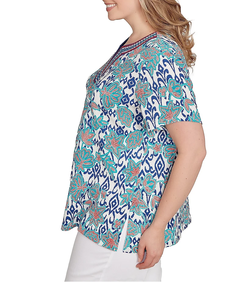 Ruby Rd. Plus Size Embroidered Knit Printed Split V-Neck Short Sleeve Top
