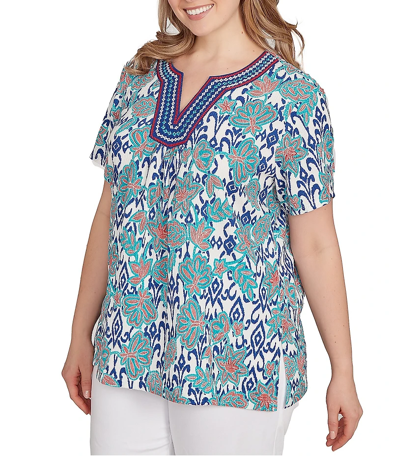 Ruby Rd. Plus Size Embroidered Knit Printed Split V-Neck Short Sleeve Top