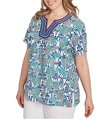 Ruby Rd. Plus Size Embroidered Knit Printed Split V-Neck Short Sleeve Top