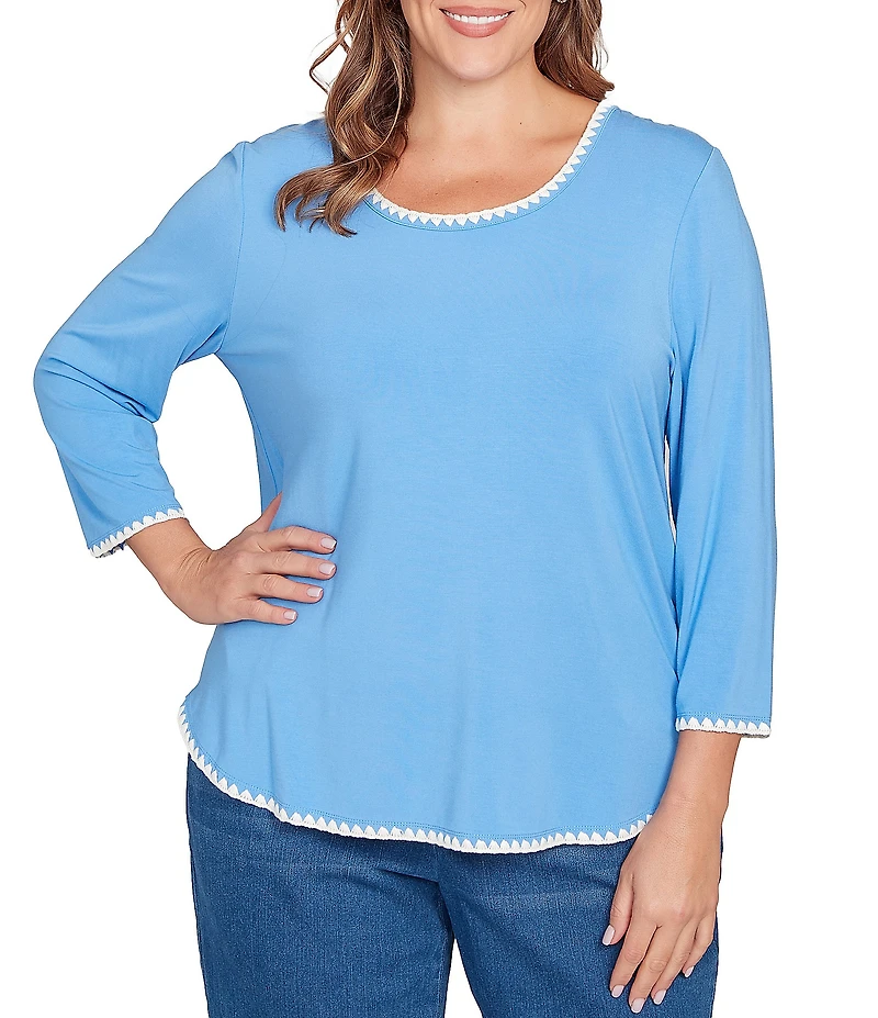 Ruby Rd. Plus Size Embroidered Scoop Neck 3/4 Sleeve Soft Jersey Knit Top