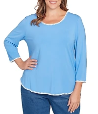 Ruby Rd. Plus Size Embroidered Scoop Neck 3/4 Sleeve Soft Jersey Knit Top
