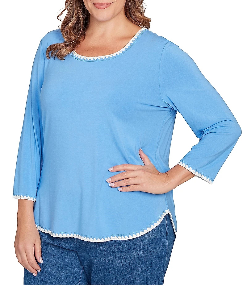 Ruby Rd. Plus Size Embroidered Scoop Neck 3/4 Sleeve Soft Jersey Knit Top
