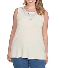 Ruby Rd. Plus Size Embroidered Soft Jersey Knit Embellished Crew Neck Sleeveless Top