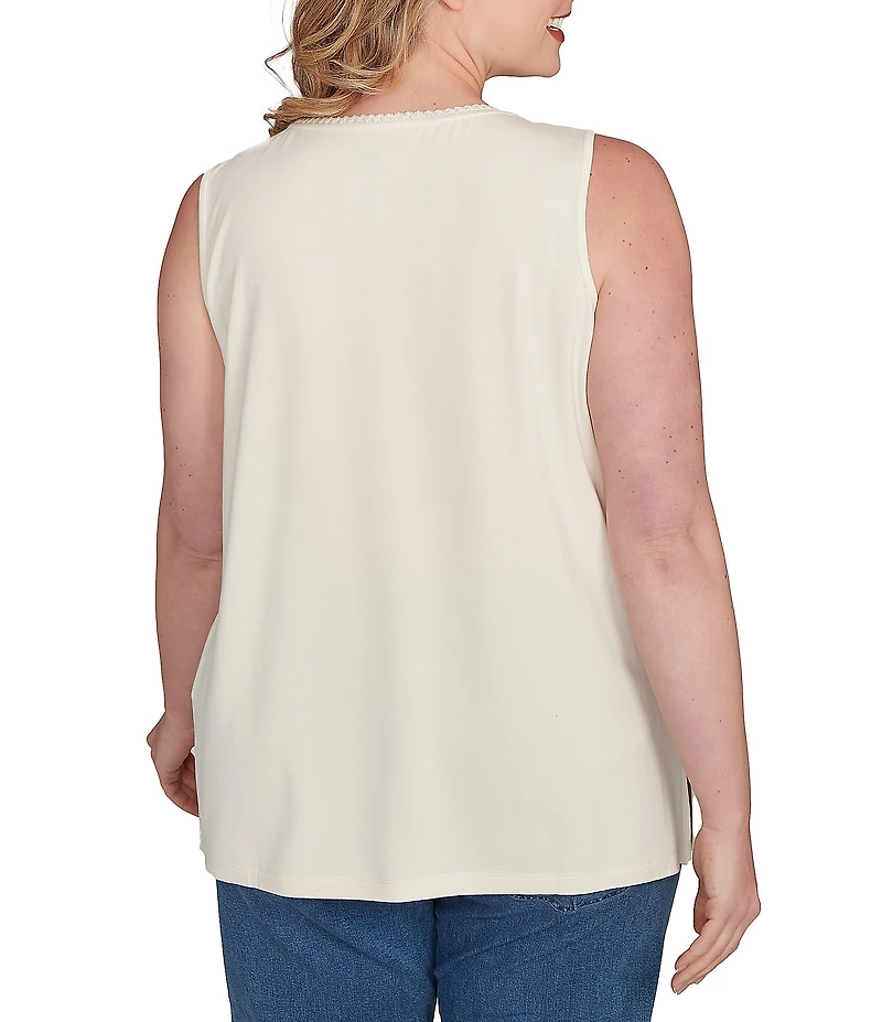 Ruby Rd. Plus Size Embroidered Soft Jersey Knit Embellished Crew Neck Sleeveless Top