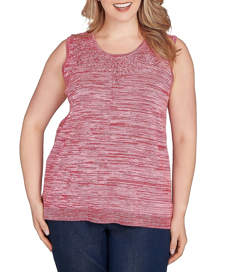 Ruby Rd. Plus Size Embroidered Soft Marled Knit Scoop Neck Sleeveless Sweater Tank