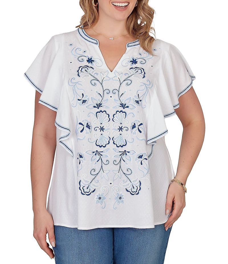 Ruby Rd. Plus Size Embroidered Split V-Neck Short Flutter Sleeve Top