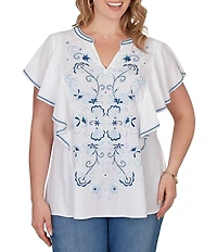 Ruby Rd. Plus Size Embroidered Split V-Neck Short Flutter Sleeve Top