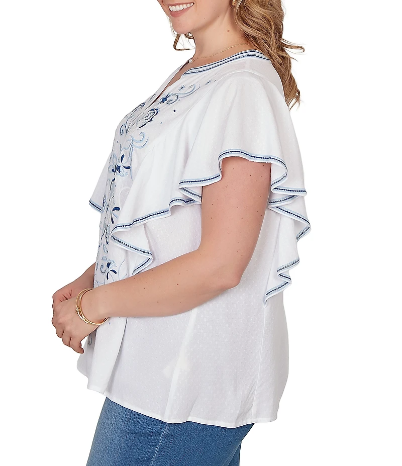 Ruby Rd. Plus Size Embroidered Split V-Neck Short Flutter Sleeve Top