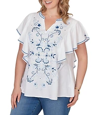 Ruby Rd. Plus Size Embroidered Split V-Neck Short Flutter Sleeve Top