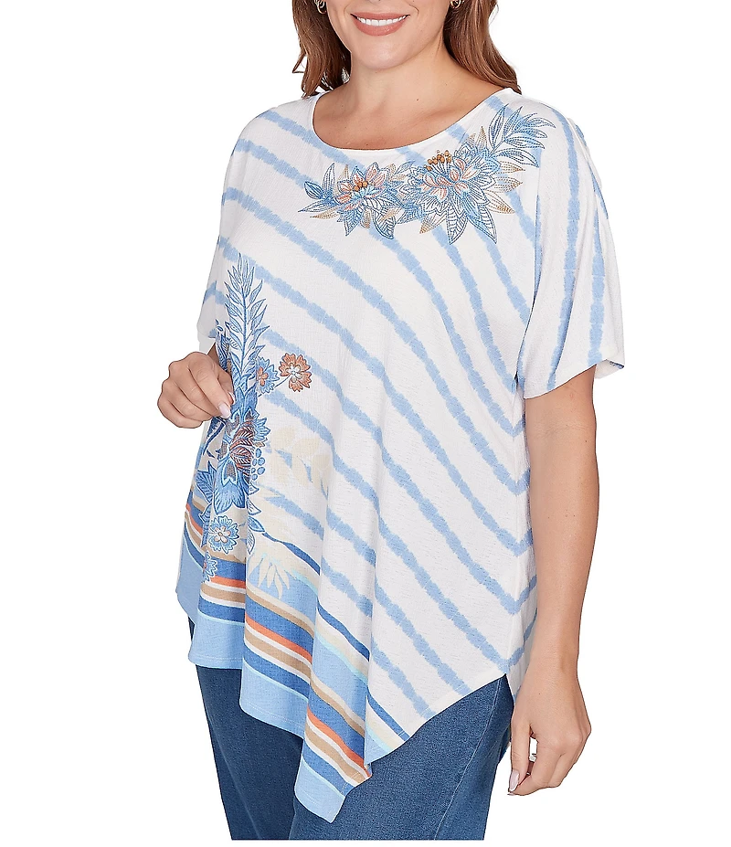 Ruby Rd. Plus Size Embroidered Stripe Scoop Neck Short Sleeve Asymmetric Hem Knit Top