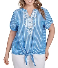 Ruby Rd. Plus Size Embroidered Stripe Split V-Neck Short Sleeve Tie-Front Top