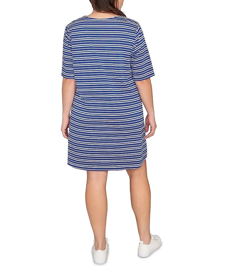 Ruby Rd. Plus Size Embroidered Stripe V-Neck Elbow Sleeve Shift Dress