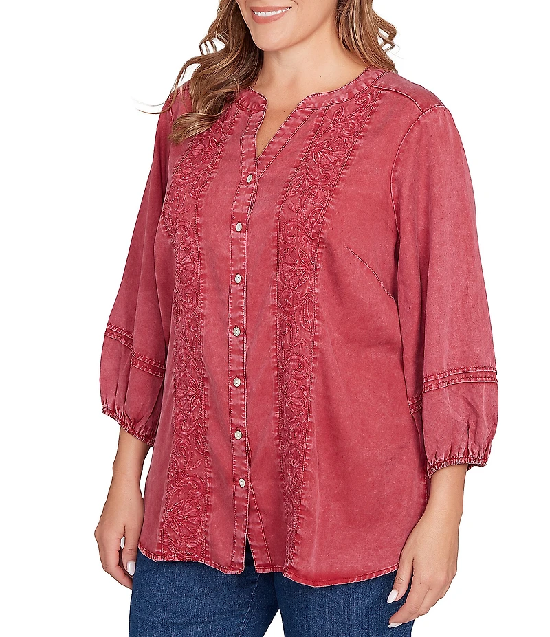 Ruby Rd. Plus Size Embroidered Twill Banded Collar 3/4 Sleeve Button-Front Shirt