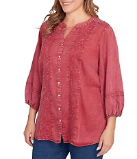 Ruby Rd. Plus Size Embroidered Twill Banded Collar 3/4 Sleeve Button-Front Shirt