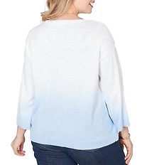 Ruby Rd. Plus Size Fine-Gauge Knit Ombre Wash Ribbed Crew Neck 3/4 Sleeve Sweater Top