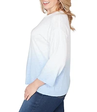 Ruby Rd. Plus Size Fine-Gauge Knit Ombre Wash Ribbed Crew Neck 3/4 Sleeve Sweater Top