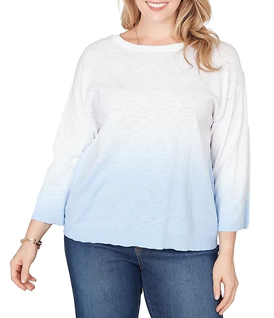 Ruby Rd. Plus Size Fine-Gauge Knit Ombre Wash Ribbed Crew Neck 3/4 Sleeve Sweater Top
