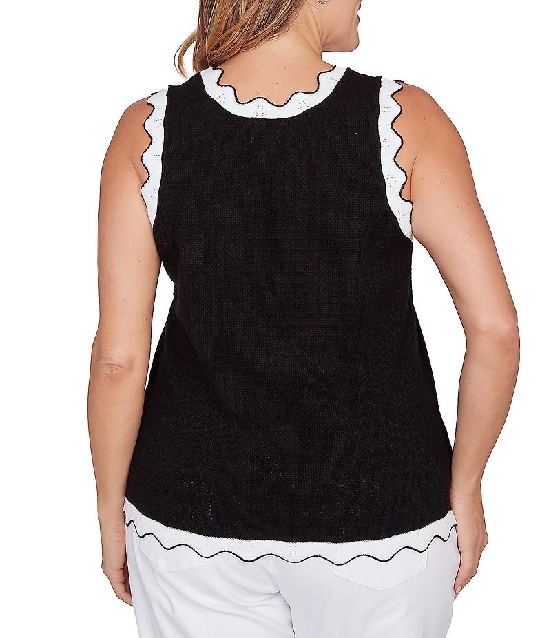 Ruby Rd. Plus Size Fine Gauge Scalloped Contrast Trim Scoop Neck SleevelessTank