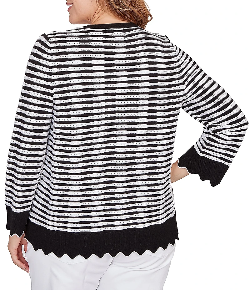 Ruby Rd. Plus Size Fine Gauge Stripe Scalloped Long Sleeve Button-Front Sweater
