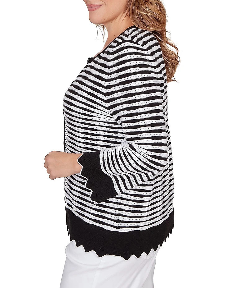 Ruby Rd. Plus Size Fine Gauge Stripe Scalloped Long Sleeve Button-Front Sweater
