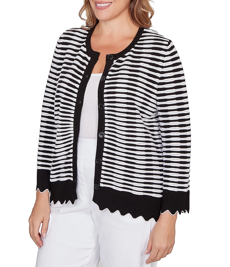 Ruby Rd. Plus Size Fine Gauge Stripe Scalloped Long Sleeve Button-Front Sweater