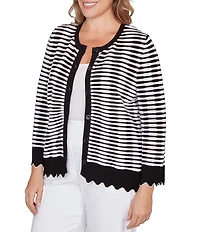 Ruby Rd. Plus Size Fine Gauge Stripe Scalloped Long Sleeve Button-Front Sweater