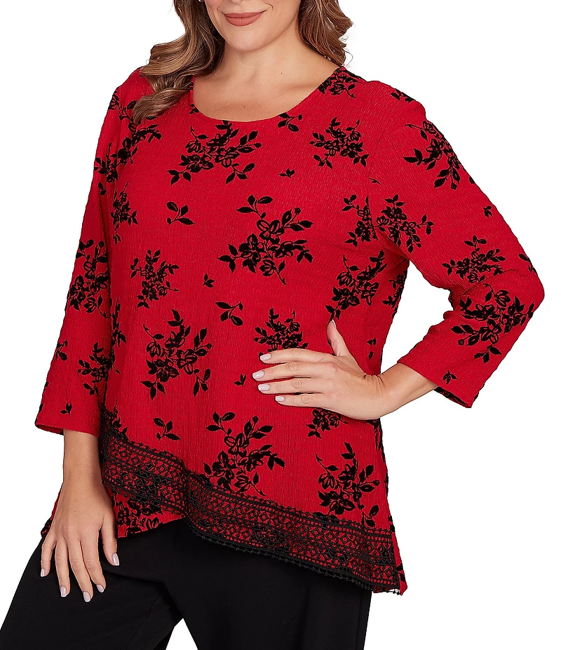 Ruby Rd. Plus Size Flocking Floral Print Knit 3/4 Sleeve Lace Crossover Hem Top