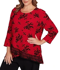 Ruby Rd. Plus Size Flocking Floral Print Knit 3/4 Sleeve Lace Crossover Hem Top