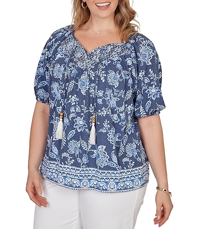 Ruby Rd. Plus Size Floral Border Print Split V-Neck Short Sleeve Tassel Tie Top