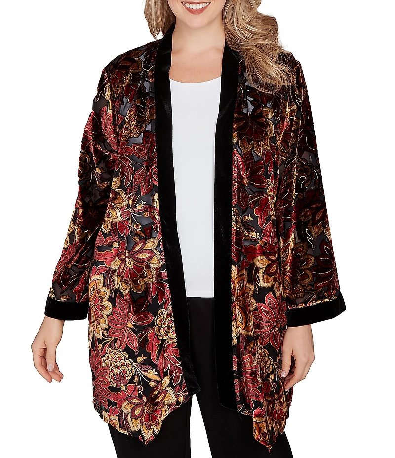 Ruby Rd. Plus Size Floral Burnout Velvet Shawl Collar Bracelet Sleeve Open-Front Cardigan