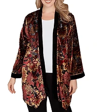 Ruby Rd. Plus Size Floral Burnout Velvet Shawl Collar Bracelet Sleeve Open-Front Cardigan