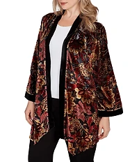 Ruby Rd. Plus Size Floral Burnout Velvet Shawl Collar Bracelet Sleeve Open-Front Cardigan