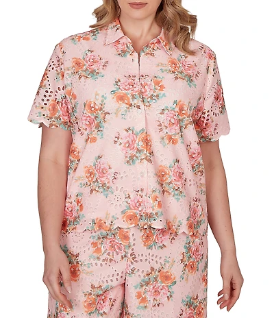 Ruby Rd. Plus Size Floral Eyelet Point Collar Short Sleeve Button-Front Coordinating Camp Shirt
