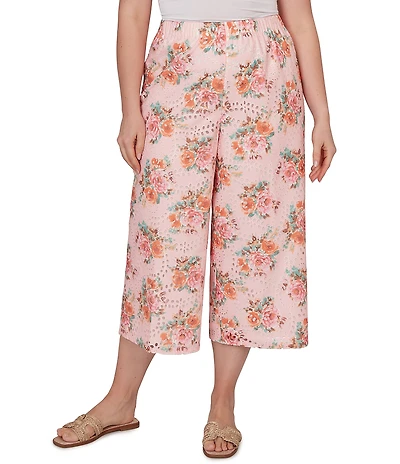 Ruby Rd. Plus Size Floral Eyelet Wide Leg Pull-On Coordinating Capri Pants