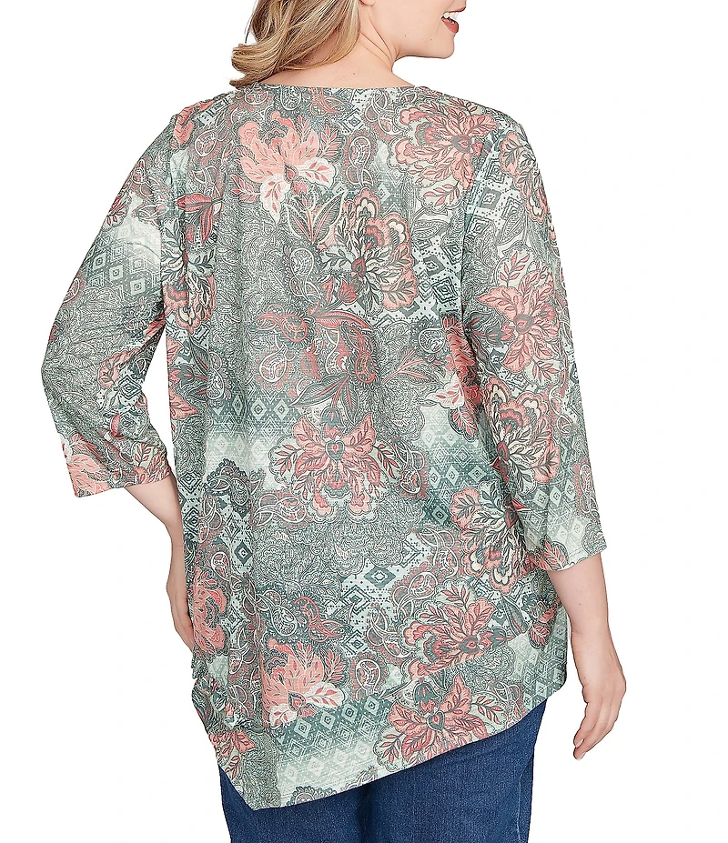 Ruby Rd. Plus Size Floral Patchwork Beaded Keyhole Neck 3/4 Sleeve Asymmetric Hem Knit Top