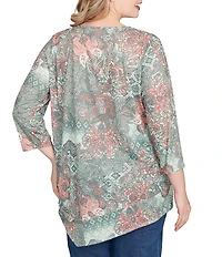 Ruby Rd. Plus Size Floral Patchwork Beaded Keyhole Neck 3/4 Sleeve Asymmetric Hem Knit Top
