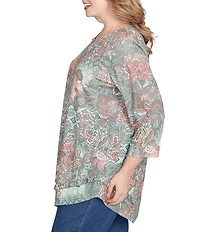 Ruby Rd. Plus Size Floral Patchwork Beaded Keyhole Neck 3/4 Sleeve Asymmetric Hem Knit Top