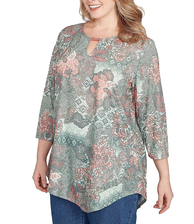 Ruby Rd. Plus Size Floral Patchwork Beaded Keyhole Neck 3/4 Sleeve Asymmetric Hem Knit Top