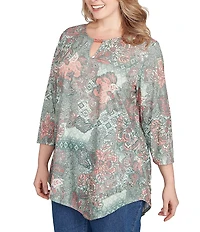 Ruby Rd. Plus Size Floral Patchwork Beaded Keyhole Neck 3/4 Sleeve Asymmetric Hem Knit Top