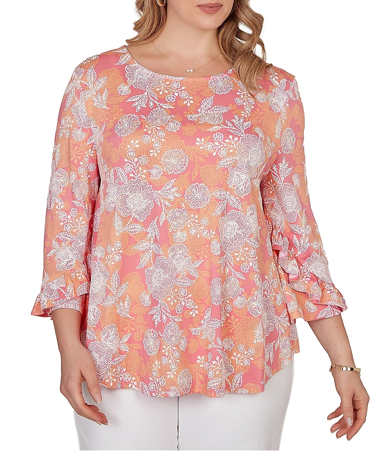 Ruby Rd. Plus Size Floral Scoop Neck 3/4 Ruffle Trim Sleeve Top