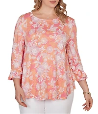 Ruby Rd. Plus Size Floral Scoop Neck 3/4 Ruffle Trim Sleeve Top