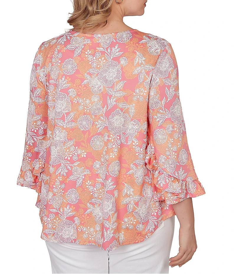 Ruby Rd. Plus Size Floral Scoop Neck 3/4 Ruffle Trim Sleeve Top