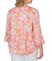 Ruby Rd. Plus Size Floral Scoop Neck 3/4 Ruffle Trim Sleeve Top