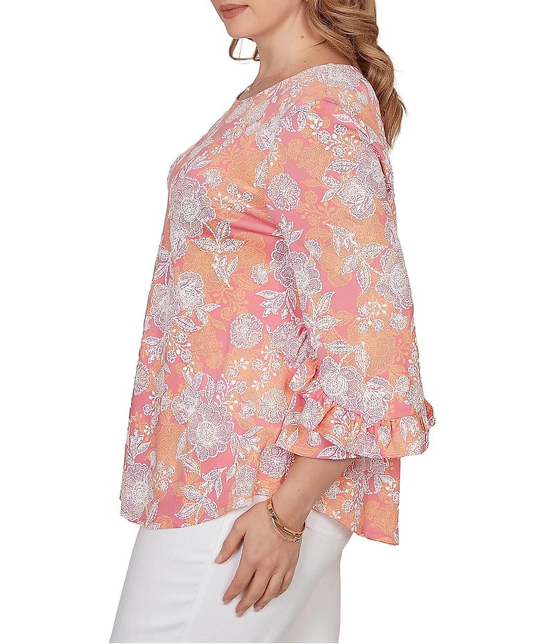 Ruby Rd. Plus Size Floral Scoop Neck 3/4 Ruffle Trim Sleeve Top