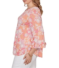 Ruby Rd. Plus Size Floral Scoop Neck 3/4 Ruffle Trim Sleeve Top